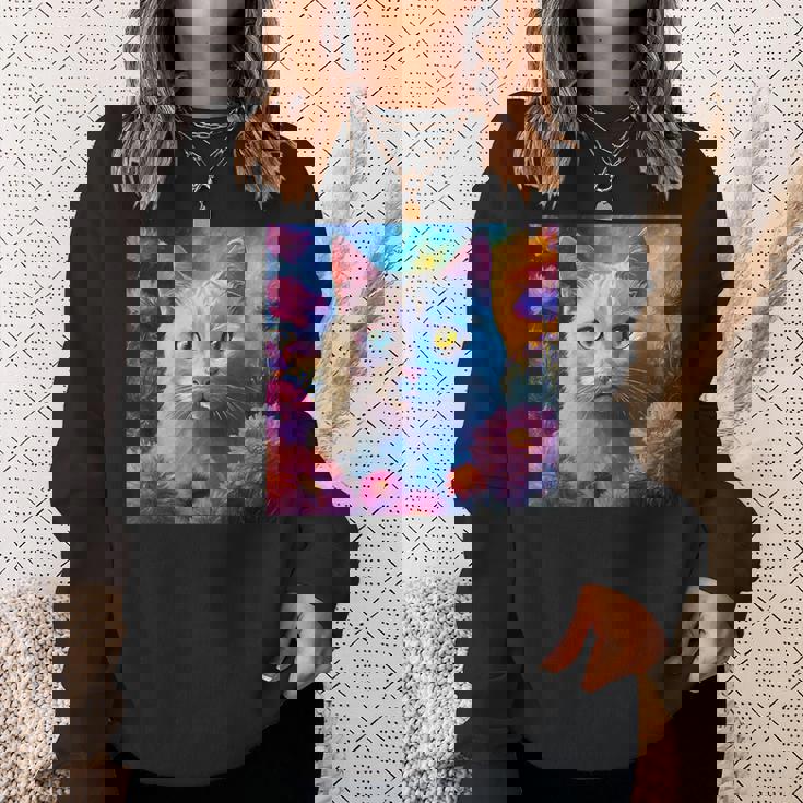 「お花畑のルディ猫」 油絵風ファンタジーアート 綺麗 かわいい オッドアイ リアル スウェットシャツ 彼女への贈り物