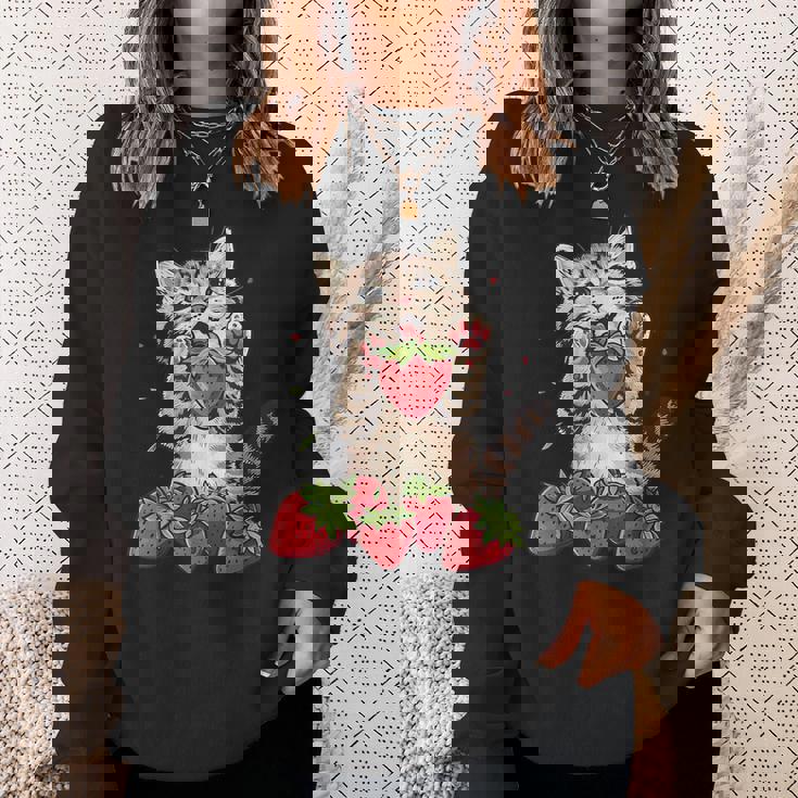 いちご 猫 いちご フルーツ ネコ アニマル プリント 図面 スウェットシャツ 彼女への贈り物