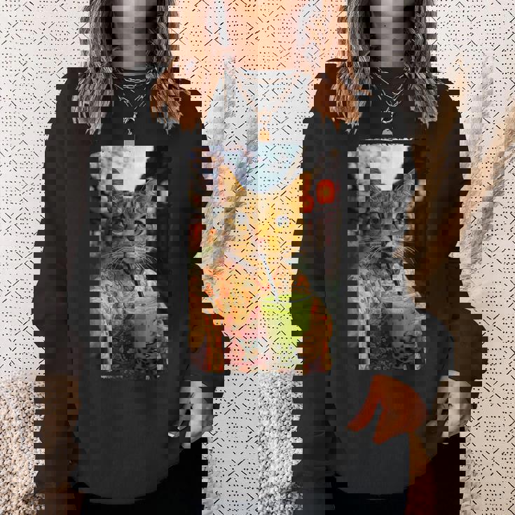 かわいい着物猫 自撮り 抹茶 バブルティー スウェットシャツ 彼女への贈り物