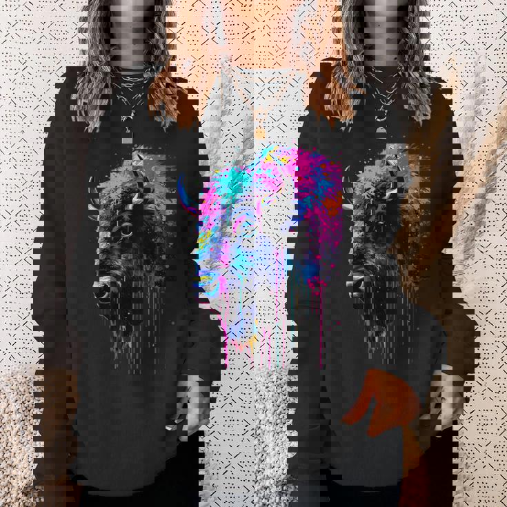 アメリカンバイソンカラーポップアート 美しいアメリカンバイソン愛好家 スウェットシャツ 彼女への贈り物