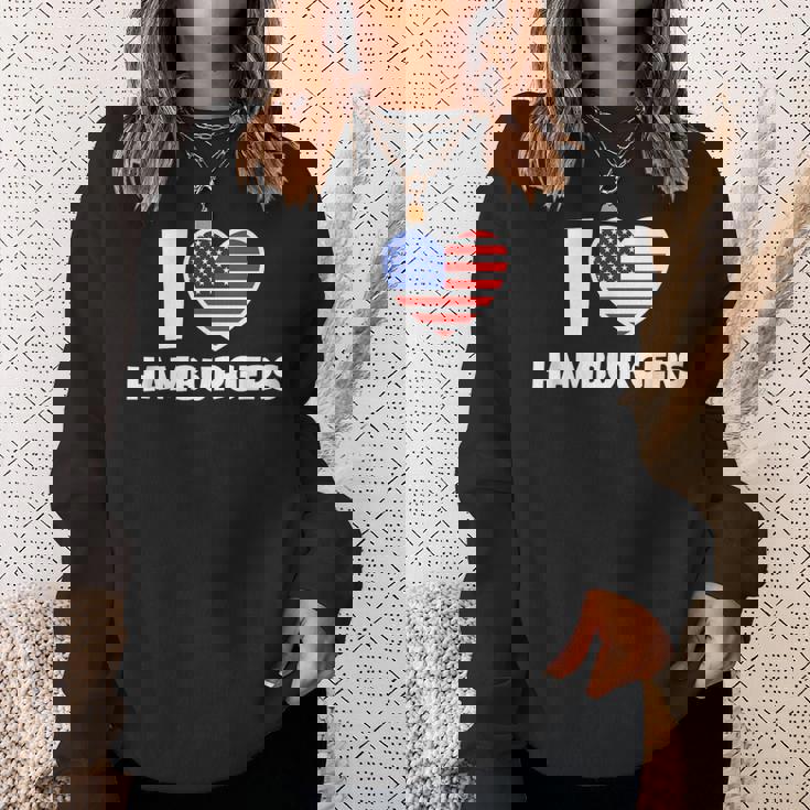 アメリカ国旗とハートのアイ・ラブ・ハンバーガー スウェットシャツ 彼女への贈り物