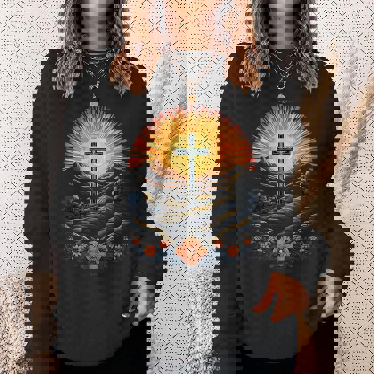 イースターデー クロスフラワー サンセット クリスチャン イースター スウェットシャツ 彼女への贈り物