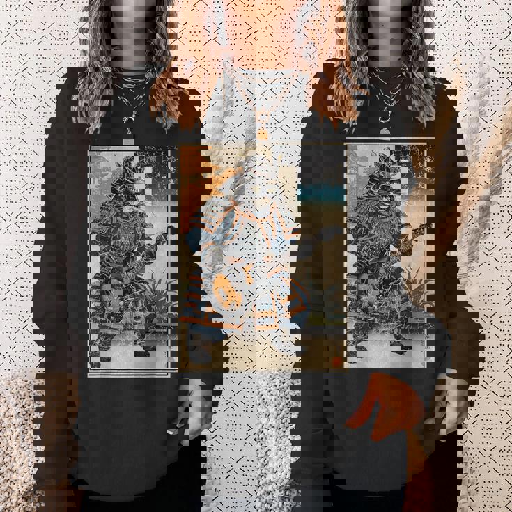 エレキギターを弾く日本の侍猫 浮世墨アート スウェットシャツ 彼女への贈り物