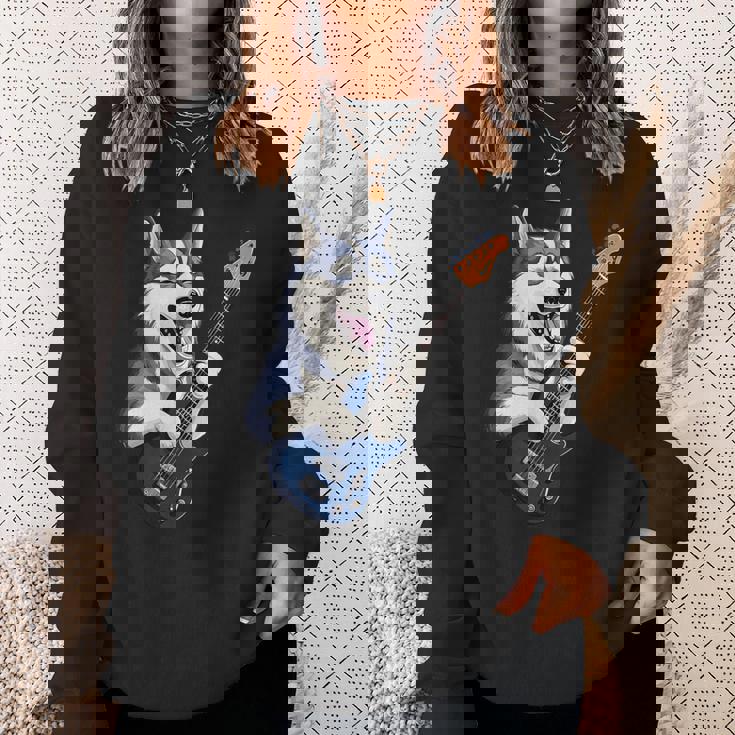 エレキギターを弾く面白いシベリアンハスキー犬ミュージシャン スウェットシャツ 彼女への贈り物