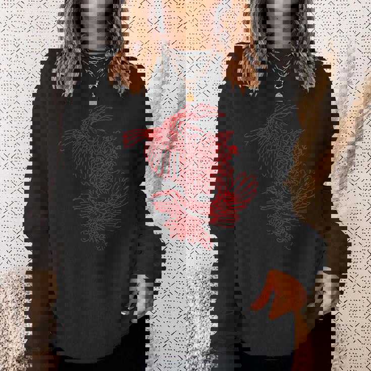 オリジナルツインサギと菊レッドラインアート スウェットシャツ 彼女への贈り物