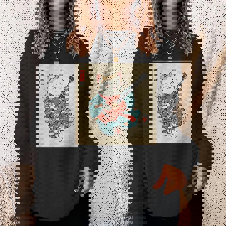 ギター奏でる猫 着物姿 ヴィンテージ 日本美術 面白い スウェットシャツ 彼女への贈り物