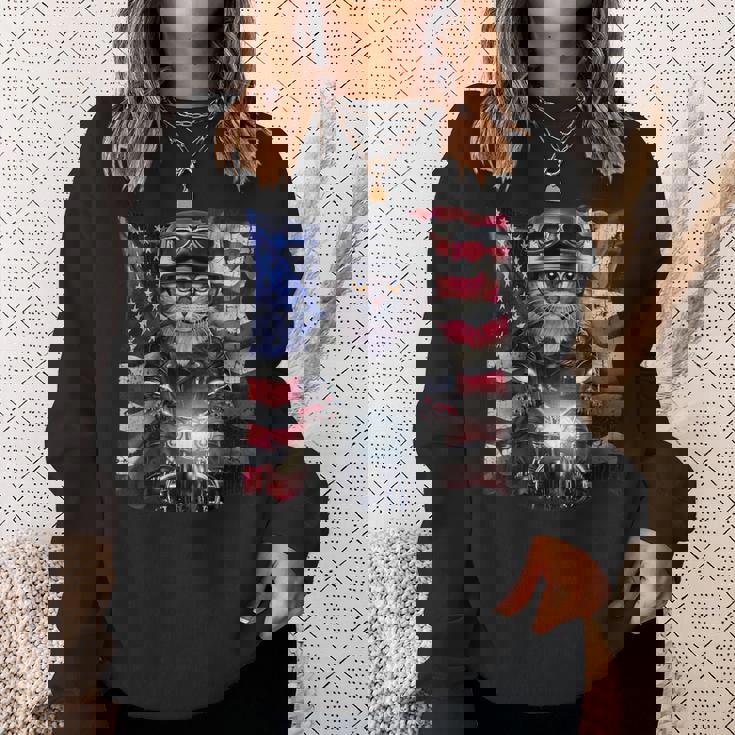 グレー 猫 ねこ バイク 星条旗 アメリカ スウェットシャツ 彼女への贈り物