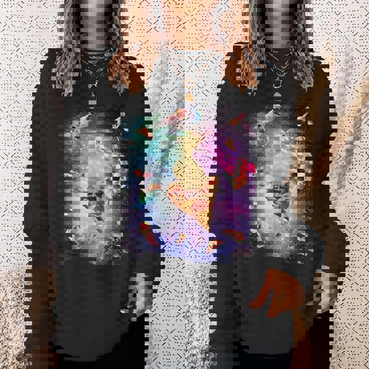 スペースレーザーアヒル食べるピザ、ギャラクシーダック。 スウェットシャツ 彼女への贈り物