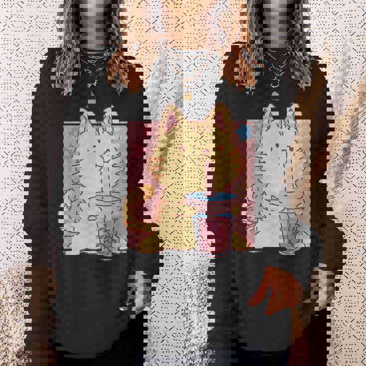 トラ猫とボバ茶のかわいいかわいい猫のグラフィック スウェットシャツ 彼女への贈り物