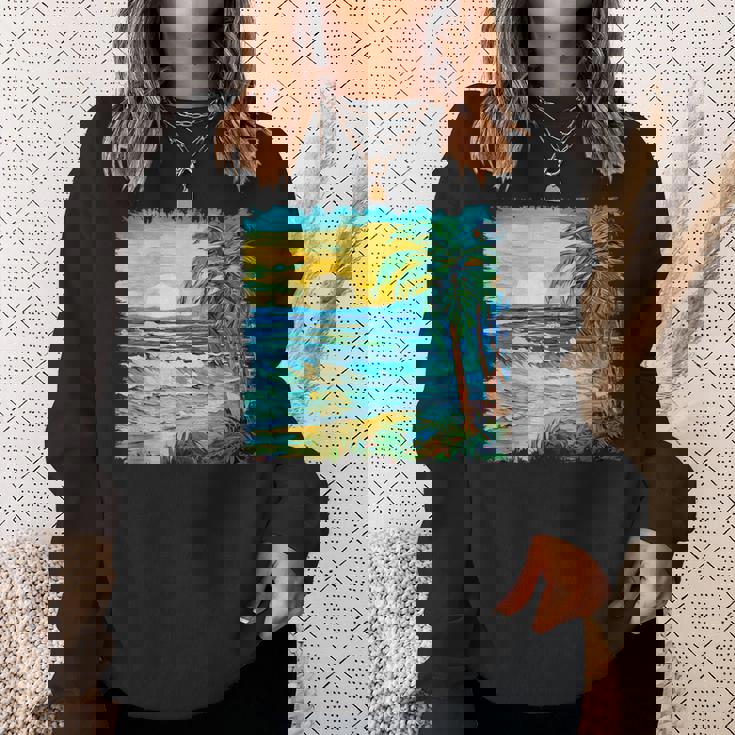 トロピカルビーチ 太陽 オーシャン ヤシの木 ゴッホスタイル アートデザイン スウェットシャツ 彼女への贈り物