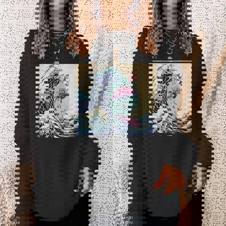 トロピカルピンク フラミンゴ グレートビッグウェーブサーファー オーシャンビーチ スウェットシャツ 彼女への贈り物