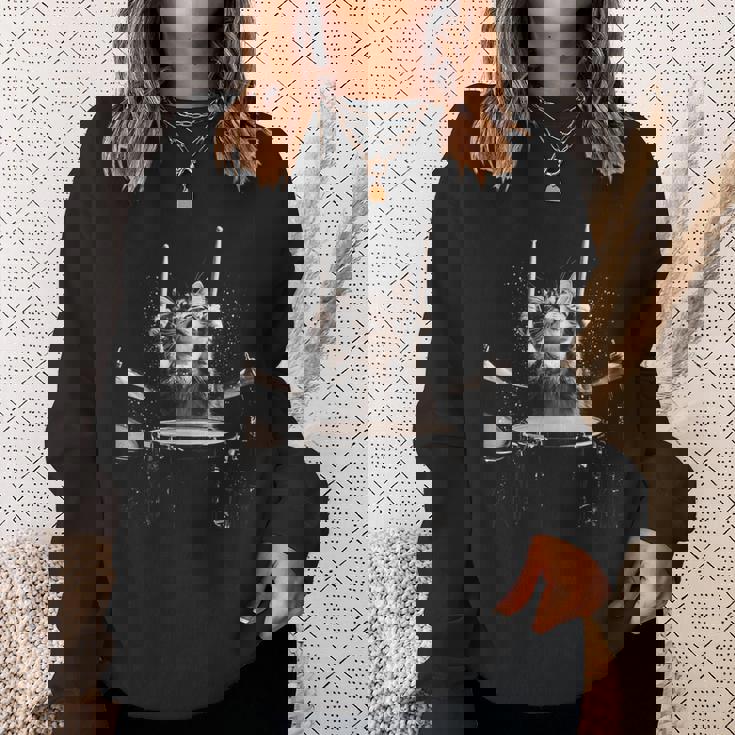 ドラムを叩く猫 面白い猫 ドラマー メンズ 半袖 おもしろ スウェットシャツ 彼女への贈り物