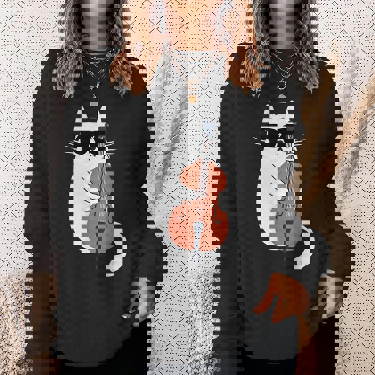 ネコとコントラバス 猫とサングラス ネコ好き 猫飼い コントラバス ウッドベース ダブルベース ジャズ音楽 ネコ 猫 スウェットシャツ 彼女への贈り物