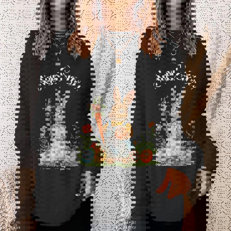 ハッピーイースターバニーニンジンイースターエッグ イースターラビットアートワーク スウェットシャツ 彼女への贈り物