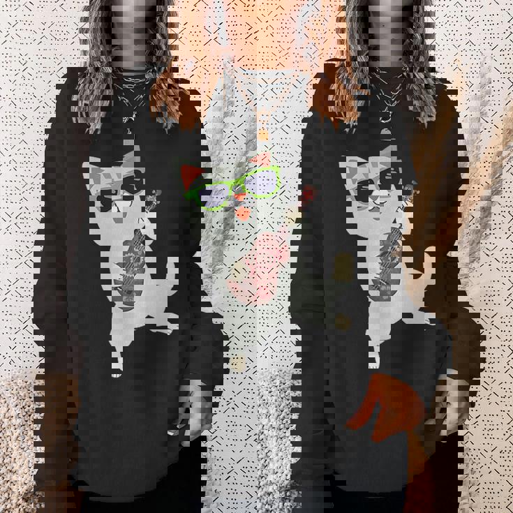 ハワイアンウケ猫遊びウクレレバッジポケット スウェットシャツ 彼女への贈り物