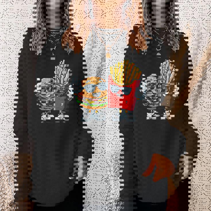 ハンバーガーフライドポテトファーストフード愛好家アート 面白いユーモアコンボプリント スウェットシャツ 彼女への贈り物