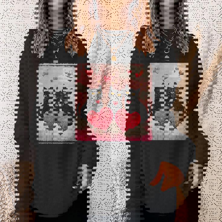 ハートのある黒猫 バレンタインデー アートペインティング スウェットシャツ 彼女への贈り物