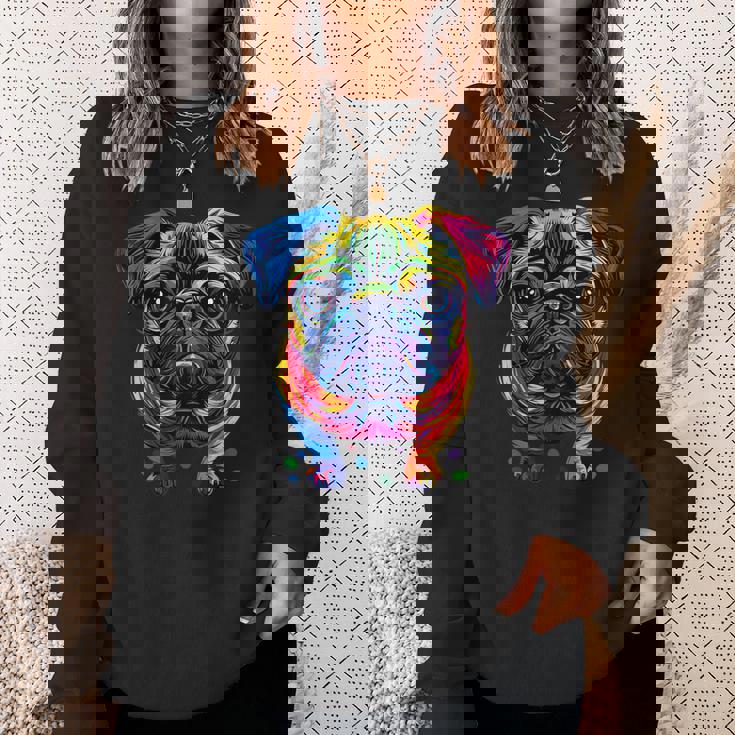 パグ犬 カラフルカラー ポップアート レインボー カーリン キュート パグ スウェットシャツ 彼女への贈り物