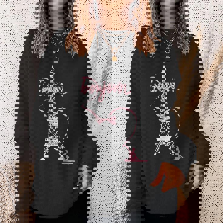 パリフランス エッフェル塔 ボンジュール 体操リボンとリボン スウェットシャツ 彼女への贈り物