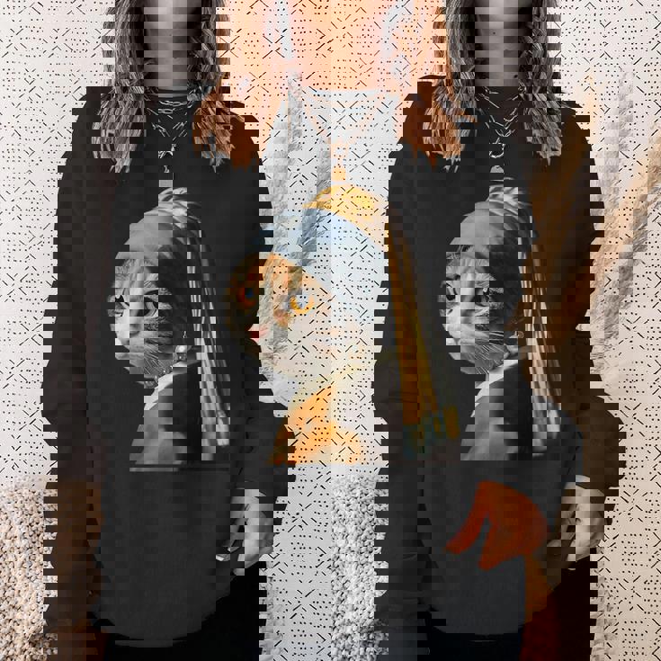 パールイヤリング付き猫 フェルメール スウェットシャツ 彼女への贈り物