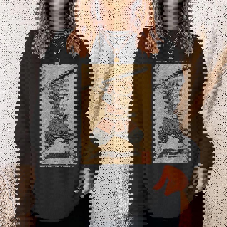 ビンテージアニメ 日本美術 野球選手の侍猫 長袖tシャツ スウェットシャツ 彼女への贈り物