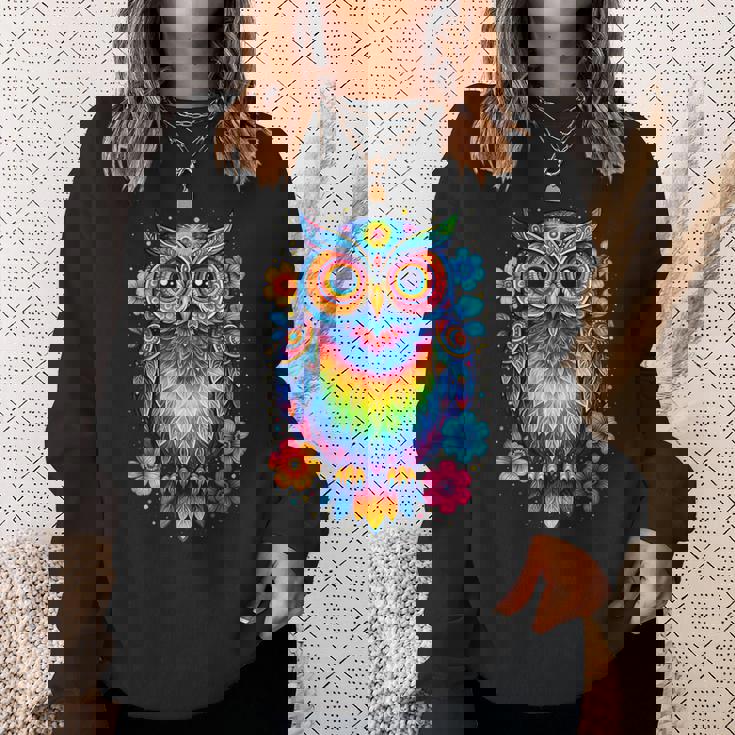 フクロウと花 カラフルなアートワーク フクロウの恋人 スウェットシャツ 彼女への贈り物