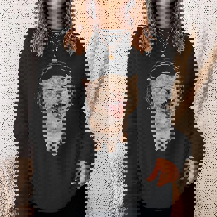 ヘッドフォン付き猫 ミーム スウェットシャツ 彼女への贈り物