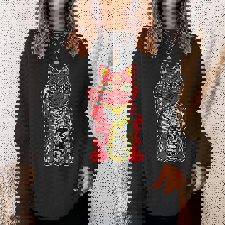 メキシコ 死者の日 と 招き猫 ネコ を組合わせた シュガー スカル キャット 赤 レッド 大吉 猫好き ねこマニア スウェットシャツ 彼女への贈り物