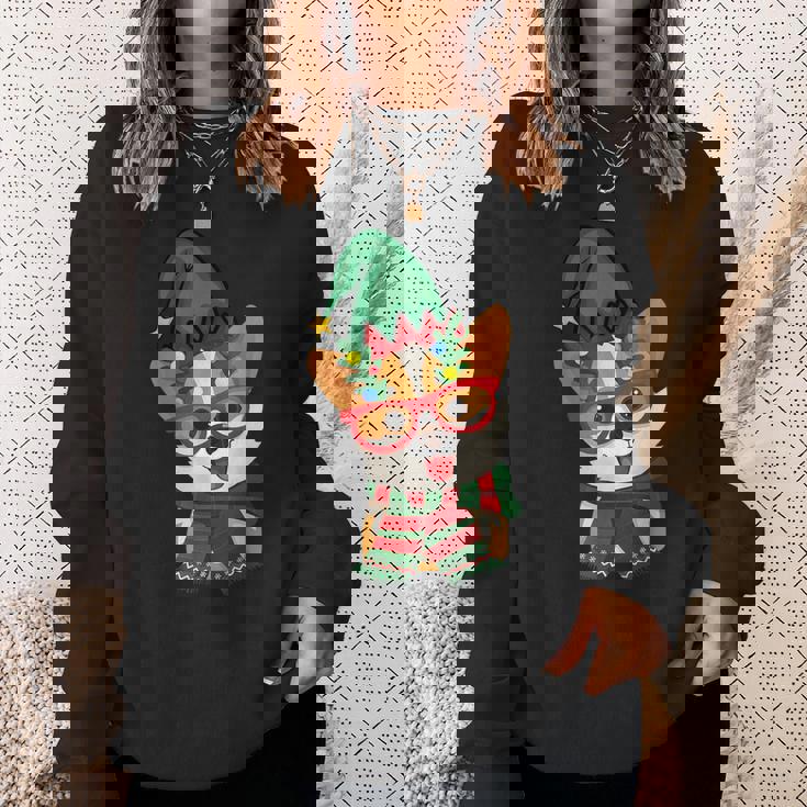 メリークリスマス かわいいオタクウェールズコーギー エルフの帽子とスカーフ付き スウェットシャツ 彼女への贈り物