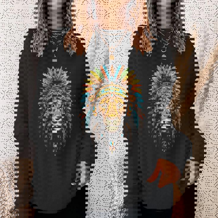 ライオン インディアン ヘッドドレス 羽 部族 ライオン スウェットシャツ 彼女への贈り物