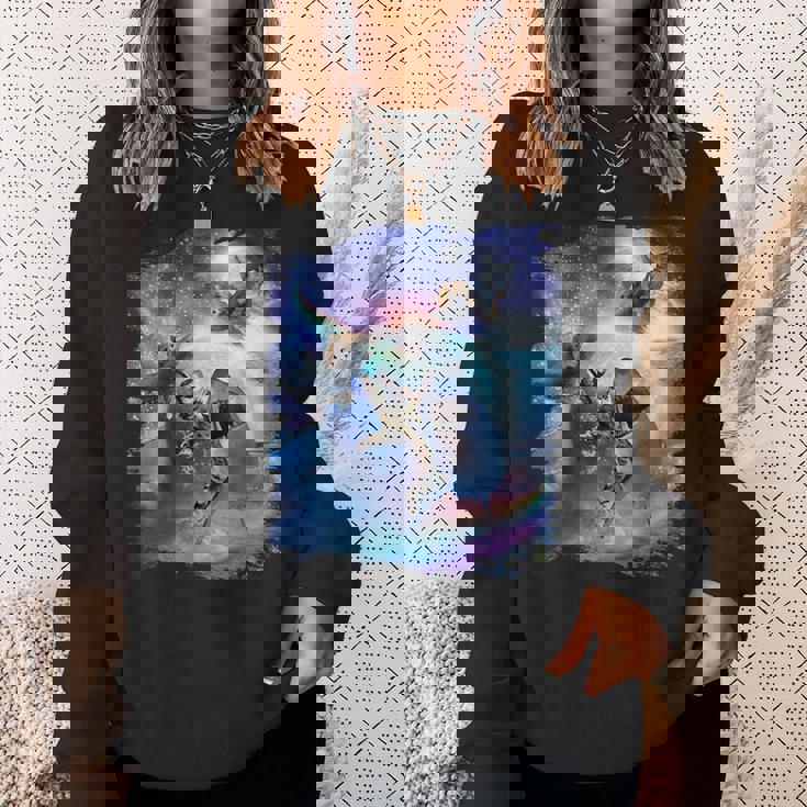 レインボーギャラクシー 宇宙に乗るサメに乗る猫 スウェットシャツ 彼女への贈り物