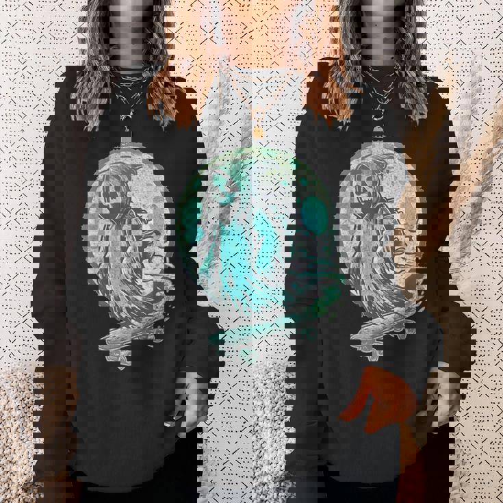 レトロ スケーター オバケ スカル スケートボード ハロウィン 不気味 スケルトン 骸骨 面白い ギフト ストリート スウェットシャツ 彼女への贈り物