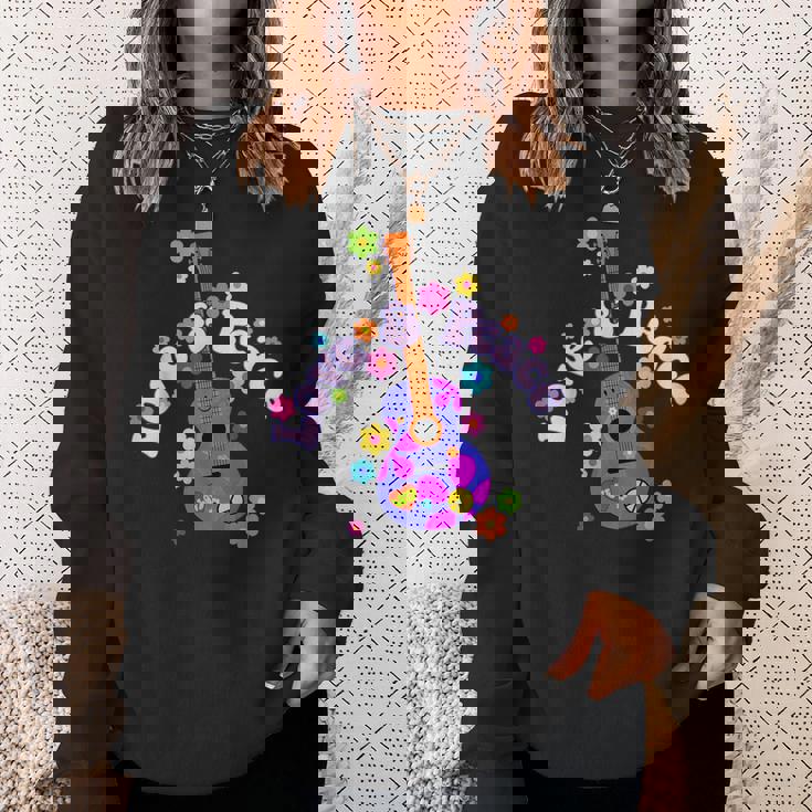 レトロフラワーパワーギター-ラブアンドピース2-ファンファン スウェットシャツ 彼女への贈り物