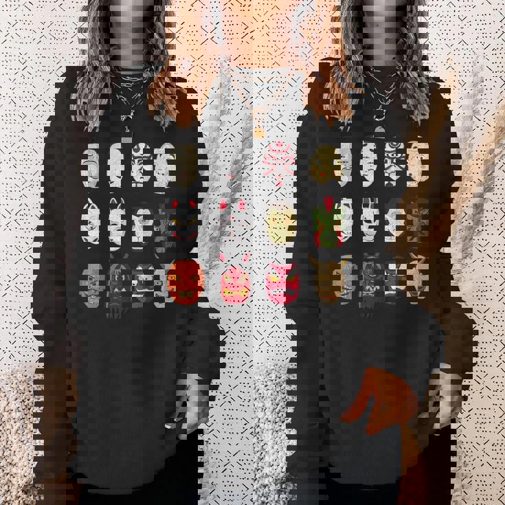 ヴィンテージ グラフィカル 日本 アート 天狗 きつね ひょっとこ マスク スウェットシャツ 彼女への贈り物