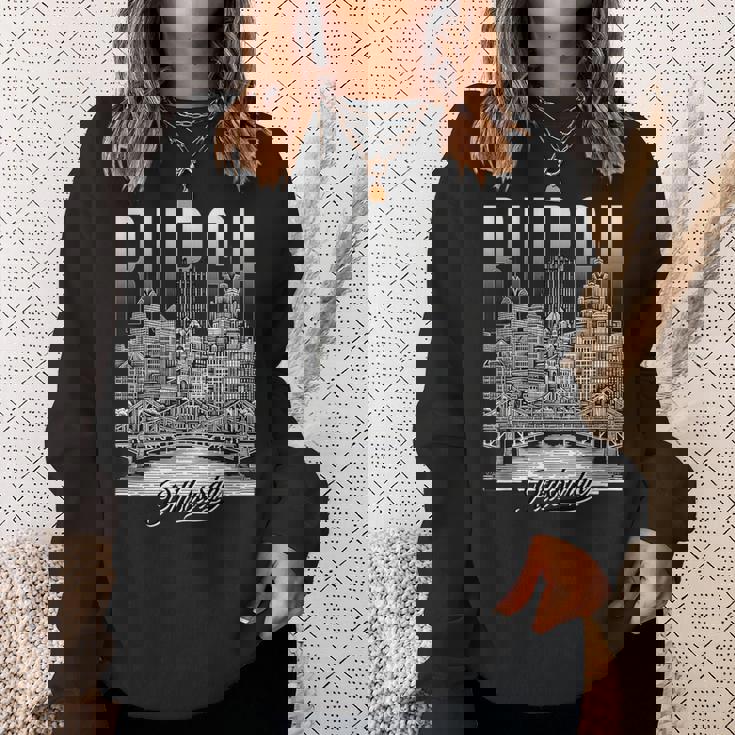 ヴィンテージ ピッツバーグ スカイライン ドローイング バーグ スチール シティ ブリッジ スウェットシャツ 彼女への贈り物