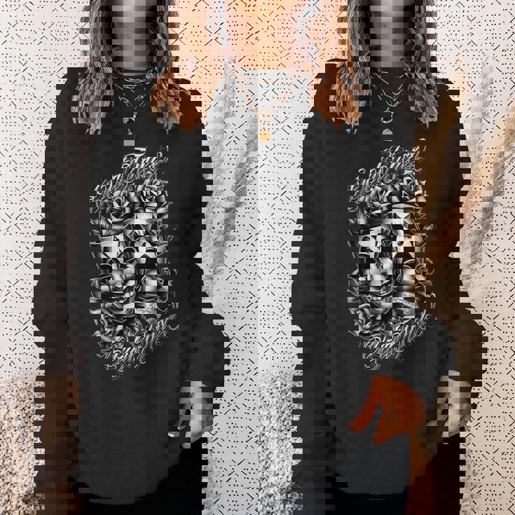 今笑って、後で泣こう。タトゥー チカーノ・アート ピエロの仮面 ローライダー スウェットシャツ 彼女への贈り物