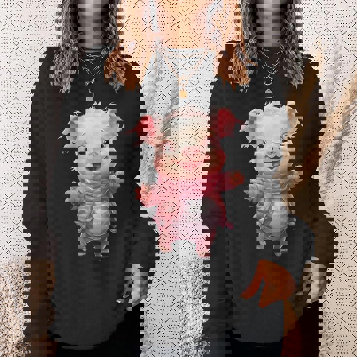 帽子とスカーフを着た豚のクリスマスプレゼント スウェットシャツ 彼女への贈り物