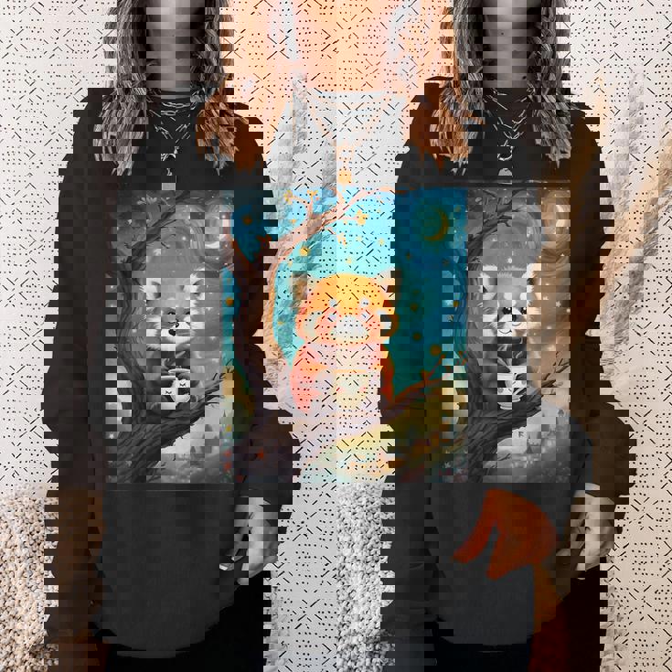 愛らしいレッサーパンダとティーカップの星月夜イラスト スウェットシャツ 彼女への贈り物