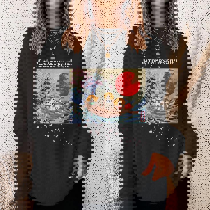 日本 版画 ダッチ デコイ スパニエル デコピン 神奈川の波 海 桜 スウェットシャツ 彼女への贈り物