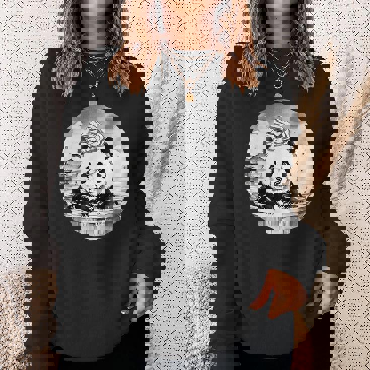 日本の温泉 パンダ 面白い 水墨画 温泉旅行 入浴 銭湯 お風呂 バスタイム 動物 和風 スウェットシャツ 彼女への贈り物