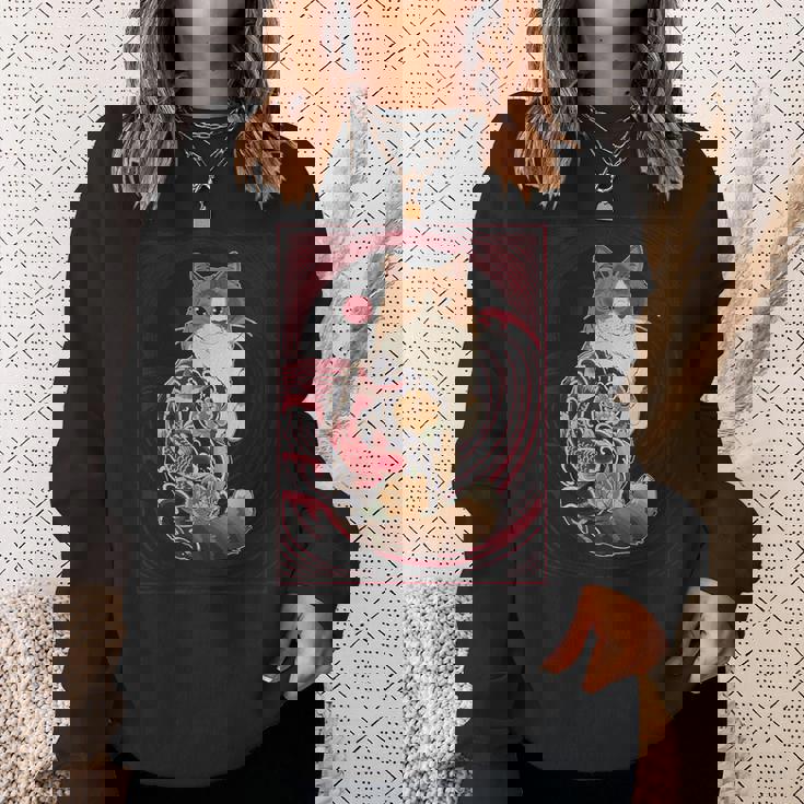 日本の鯉タトゥー猫アート美的ヴィンテージライジングサン スウェットシャツ 彼女への贈り物