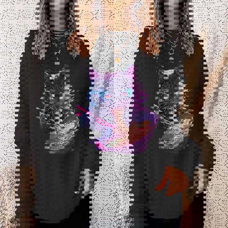 日本美術 ラーメン 猫 忍者 シンセウェーブ スタイル サムライキャット スウェットシャツ 彼女への贈り物