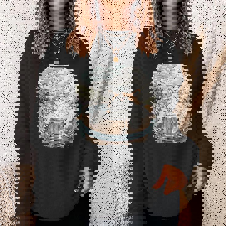 温泉 風呂 子猫 ペット好き 日本画 かわいい 猫 スウェットシャツ 彼女への贈り物