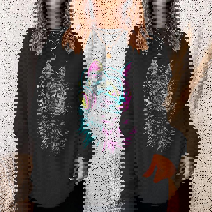 猫 動物 モチーフ 音楽 ヘッドホン イラスト 猫 スウェットシャツ 彼女への贈り物