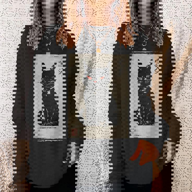 猫 鬼 ハロウィン 日本 ミニマリスト 墨絵 浮世絵風 スウェットシャツ 彼女への贈り物