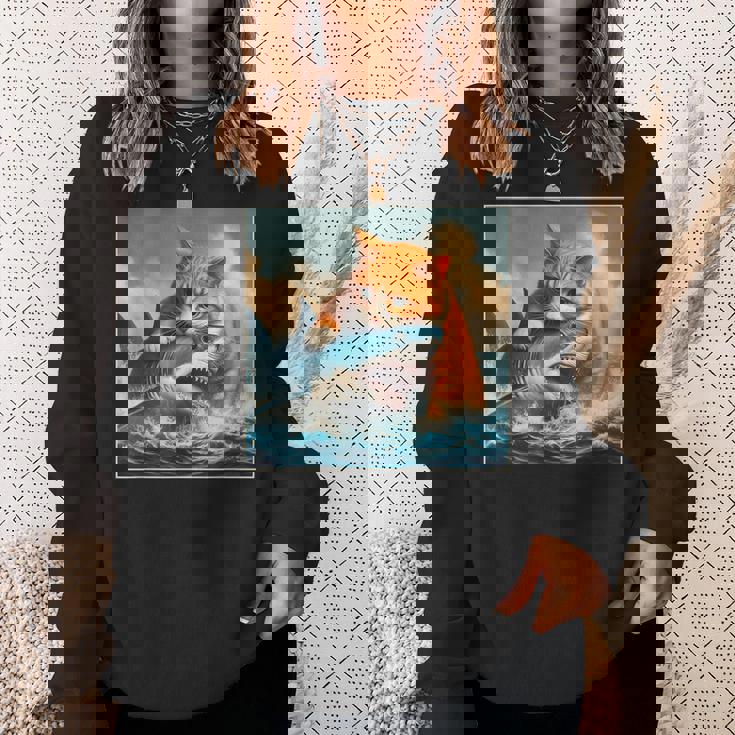 猫のサメ、面白い猫がサメを噛むサメ、サメと猫 スウェットシャツ 彼女への贈り物