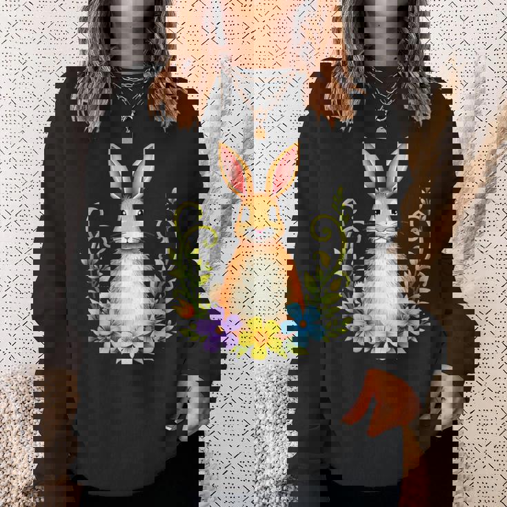 花と葉を持つ愛らしいウサギ 自然デザイン スウェットシャツ 彼女への贈り物