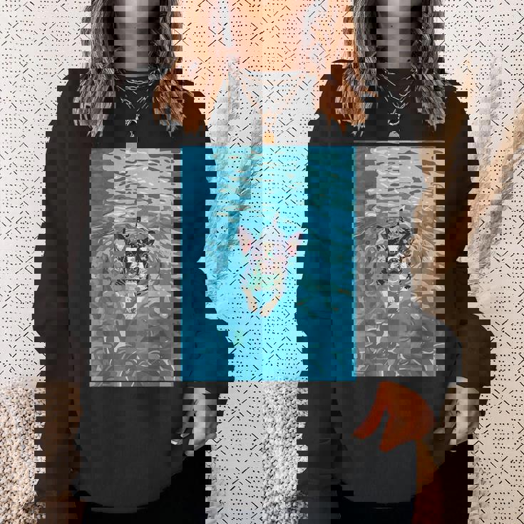 面白いボストンテリア プールで泳ぐ かわいい犬 ママ お父さん スウェットシャツ 彼女への贈り物