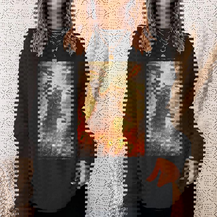 面白いレトロ日本の怪獣モンスター猫セルフィー東京ufo スウェットシャツ 彼女への贈り物