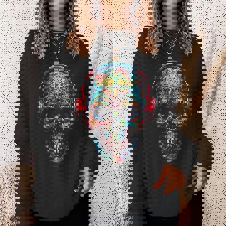頭蓋骨アート曼荼羅ファンタジーカラフルなヘッドフォンモチーフの頭蓋骨 スウェットシャツ 彼女への贈り物